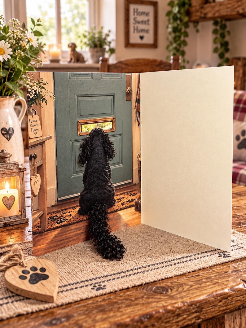 May include: A greeting card featuring a black curly-haired dog sitting and looking through a mail slot in a sage green door. The card is open, showing a blank cream-colored interior panel. The front of the card displays a detailed scene of a dog waiting at a doorway, with a wooden heart ornament with a paw print design placed on the table in the foreground.