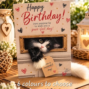 Op de afbeelding: Een rechthoekige verjaardagskaart met een zwart-wit kitten dat door een brievenbusopening kijkt. De tekst op de kaart luidt Happy Birthday! Just popping by to wish you a purr-fect day! en bevat een bruin label met de tekst have a wonderful day!
