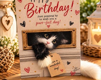 Op de afbeelding: Een verjaardagskaart met een zwart-wit kitten dat door een brievenbusgleuf kijkt. De tekst op de kaart luidt: Happy Birthday! Just popping by to wish you a purr-fect day! Een bruin label aan het pootje bevat de tekst: have a wonderful day!