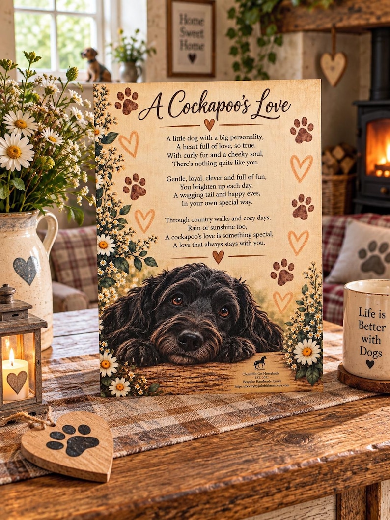 May include: A rectangular wooden sign featuring a black Cockapoo dog illustration, white daisy floral borders, and brown paw print and heart motifs. The text reads A Cockapoo's Love followed by a poem about the dog breed, with small branding text at the bottom.