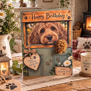 May include: A rectangular birthday card featuring a brown dog looking through a window. The card has text that reads Happy Birthday, Special Delivery Just for You, and Have a Pawsome Day. It includes a small wooden heart tag and a fuzzy accent.