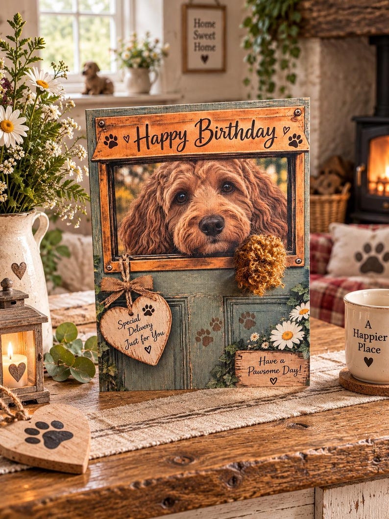 May include: A rectangular birthday card featuring a brown dog looking through a window. The card has text that reads Happy Birthday, Special Delivery Just for You, and Have a Pawsome Day. It includes a small wooden heart tag and a fuzzy accent.