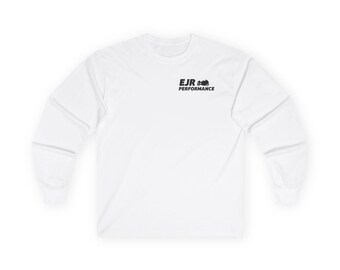 May include: White long-sleeve t-shirt with a black logo that says "EJR Performance" on the left chest.
