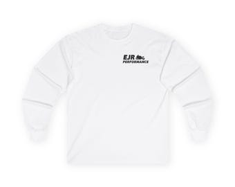 May include: White long-sleeve t-shirt with a black logo that says "EJR PERFORMANCE" and a small motorcycle graphic.