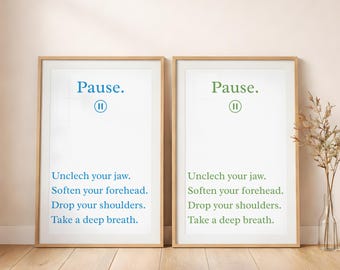 Pause Reminder Art Print Set, Minimalist Workplace Decor, Relax & Breathe (Digital Download)
