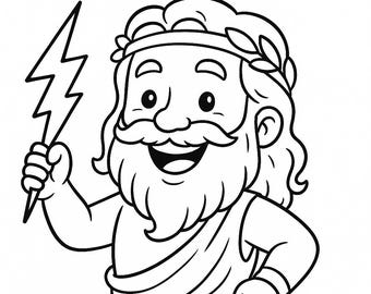 Könnte beinhalten: Schwarz-Weiß-Cartoon-Illustration eines lächelnden Zeus, der einen Blitz hält. Er hat einen langen Bart, lockiges Haar und trägt einen Lorbeerkranz und eine Toga. Das Bild ist eine Strichzeichnung.