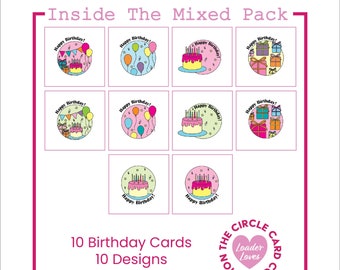 Pack of 10 Birthday Cards - Circle Card Collection. Cake, Balloons & Presents.