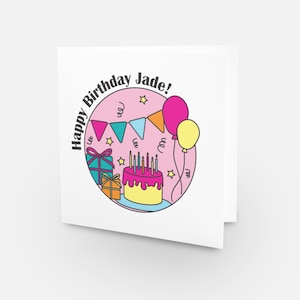 Carte d'anniversaire personnalisée - Collection de cartes circulaires. Gâteaux, ballons et cadeaux