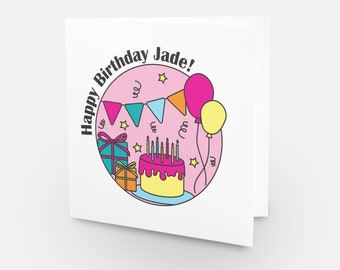 Personalised Birthday Card - Circle Card Collection. Cake, Balloons & Presents