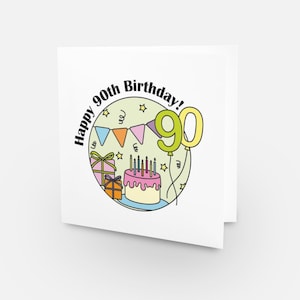 Carte du 90e anniversaire - Collection de cartes circulaires. Gâteau, ballons et cadeaux.