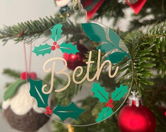 Personalized Acrylic Christmas Bauble – Holly Design, Custom Name