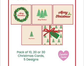 Pack of Christmas Cards with 5 different designs - Christmas Tree, Festive Wreath, Cream, Green, Gold, X-mas Card Pack