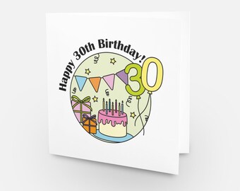 30th Birthday Card - Circle Card Collection. Cake, Balloons & Presents.