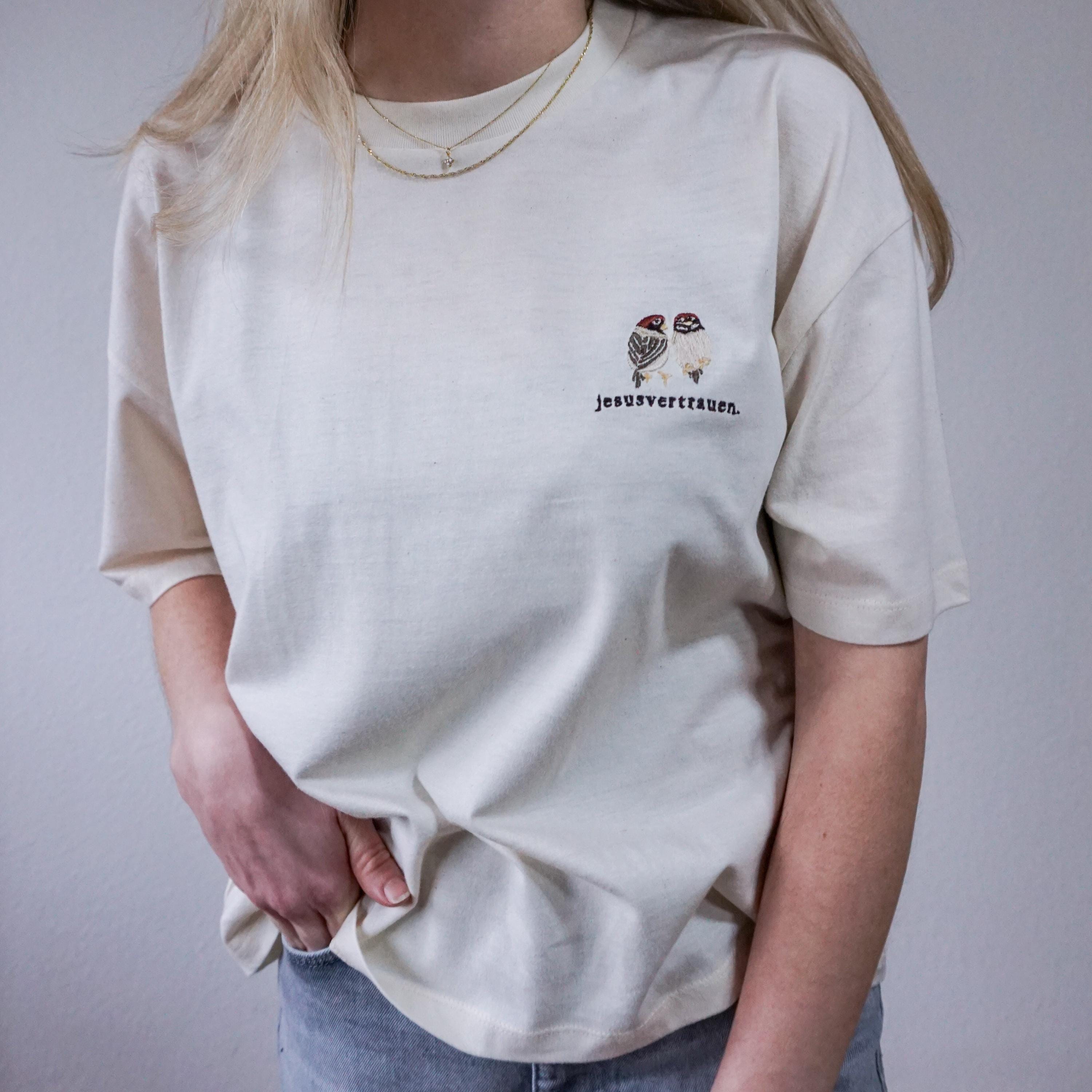Sparrows Trust, women's shirt, natural beige, organic cotton, Fair Wear, Jesus, trust, Christian merch, Christian, sparrows, embroidered