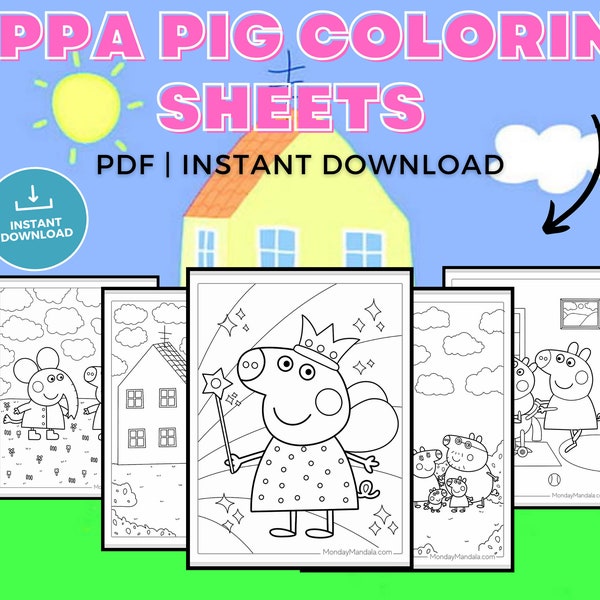 Peppa Pig kleurboek, Pepper Pig 5 pagina, Homeschool kleuren, Preschool kleuren, schoolactiviteit, Kids Coloring Book, Kids Activity