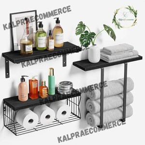 Set Of 3 Wooden Bathroom Shelf With Towel Rack | Over Toilet Storage | Wall Towel Rack | Wall Mounted Shelves | Rustic Wood Shelves
