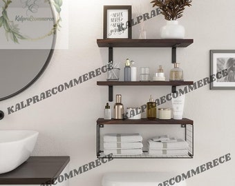 Set of 3 Wooden Bathroom Shelves With Basket | Farmhouse Shelves | Floating Shelves | Bathroom Shelves | Wall Decor | Storage Shelves