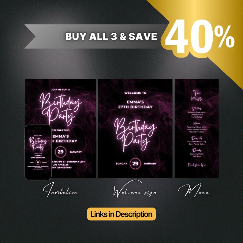 Editable Purple Neon Menu, Printable Purple Dinner Menu, Classy Purple ...