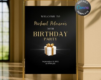 Editable Golden Gift Birthday Welcome Sign, Printable Black and Gold Birthday Party Sign, Classy Black Birthday Poster Template