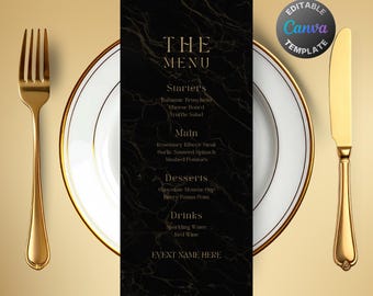Bearbeitbares Schwarzgold-Marmor-Menü, druckbares Goldmarmor-Abendmenü, edles Goldschwarz-Partymenü, luxuriöse Geburtstagsmenüvorlage aus schwarzem Marmor
