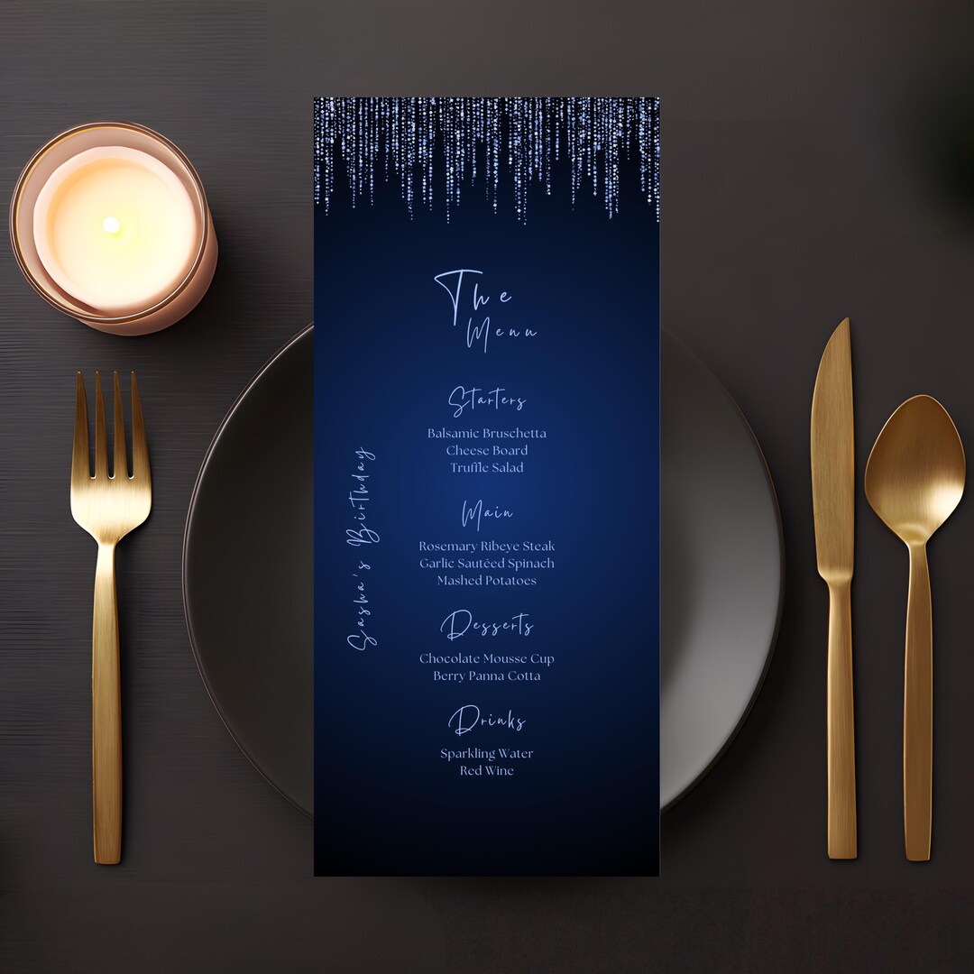 Editable Icy Blue Menu, Printable Navy Blue Dinner Menu, Elegant ...