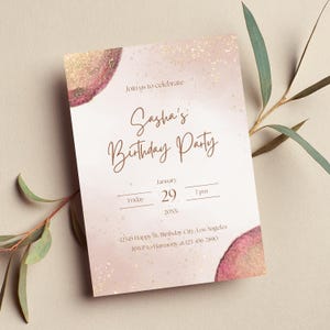 Editable Rose Gold Birthday Invitation for Women, Printable Rose Gold and Gold Birthday Party Invitation, Gold Glitter Text Invite Template