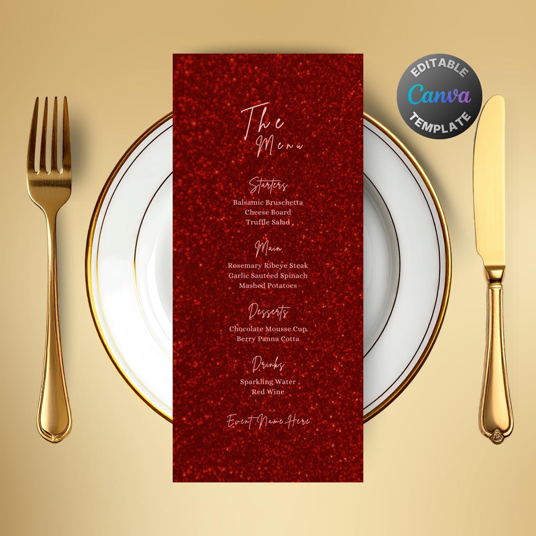 Red String Menu Editable Red Glitter Menu, Printable Red Sparkle Dinner Menu, Classy ...
