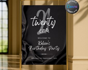 Editable Black and Silver Birthday Welcome Sign, Printable Black and Gray Birthday Party Sign, Classy Satin Silk Birthday Poster Template