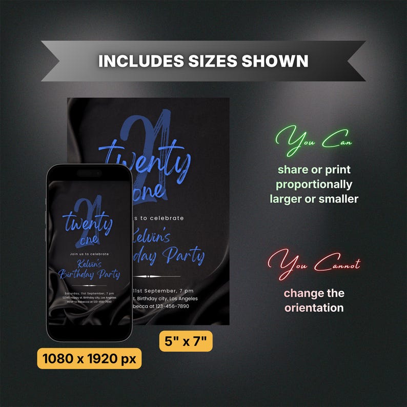 Editable Black and Blue Birthday Invitation for Men, Printable Navy Blue Birthday Party Invitation, Classy Satin Silk Text Invite Template image 6