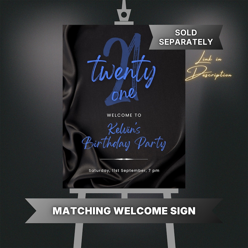 Editable Black and Blue Birthday Invitation for Men, Printable Navy Blue Birthday Party Invitation, Classy Satin Silk Text Invite Template image 4