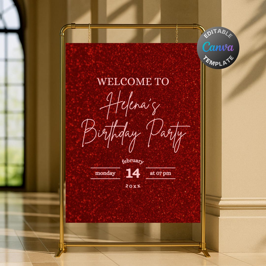 Editable All Red Welcome Sign for Women, Feminine Ruby Red Glitter ...