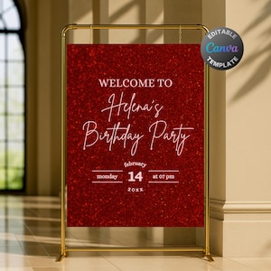Letrero de bienvenida rojo editable para mujer, póster de cumpleaños femenino con brillo rojo rubí, plantilla de decoración digital con destellos rojos.