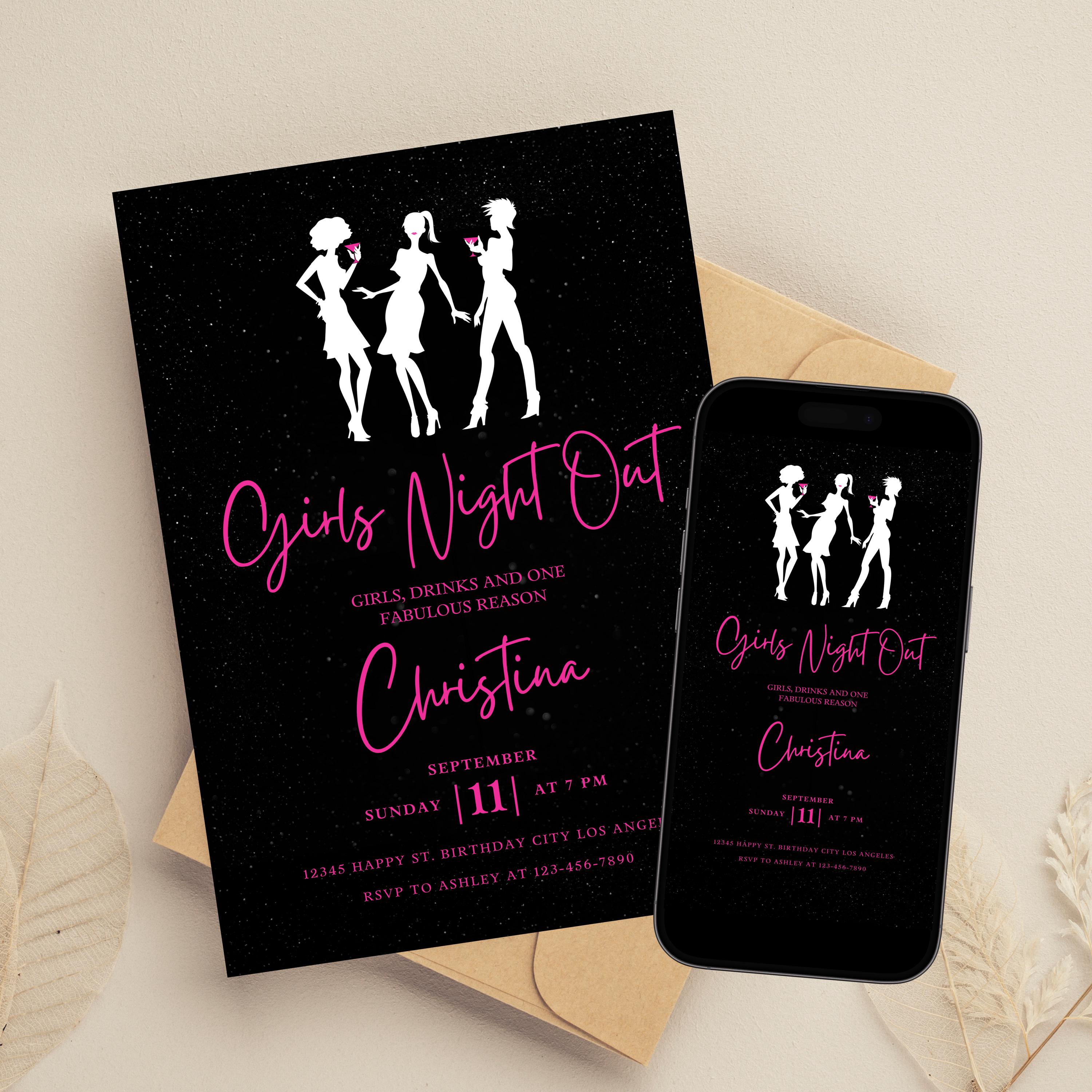 Editable Girls Night Out Invitation, Printable Pink Black Cocktail ...