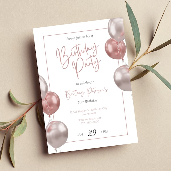 Lets Go Girls Sister Gift Rose Gold Birthday Invitation, Do It Yourself Pink Balloon Arch Birthday Brunch Sweet 16 21st 40th Birthday Invite