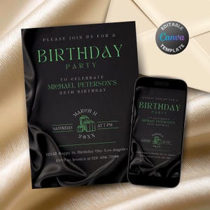 Editable Black and Green Birthday Invitation, Printable All Black Birthday Party Invitation, Elegant Satin Silk Text Invite Template
