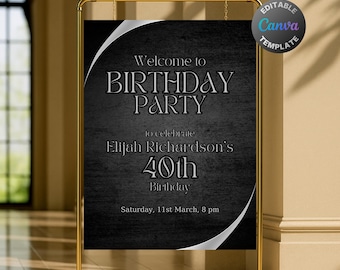 Editable Black Metallic Birthday Welcome Sign, Printable Black Silver Birthday Party Sign, Classy Black Gray Birthday Poster Template