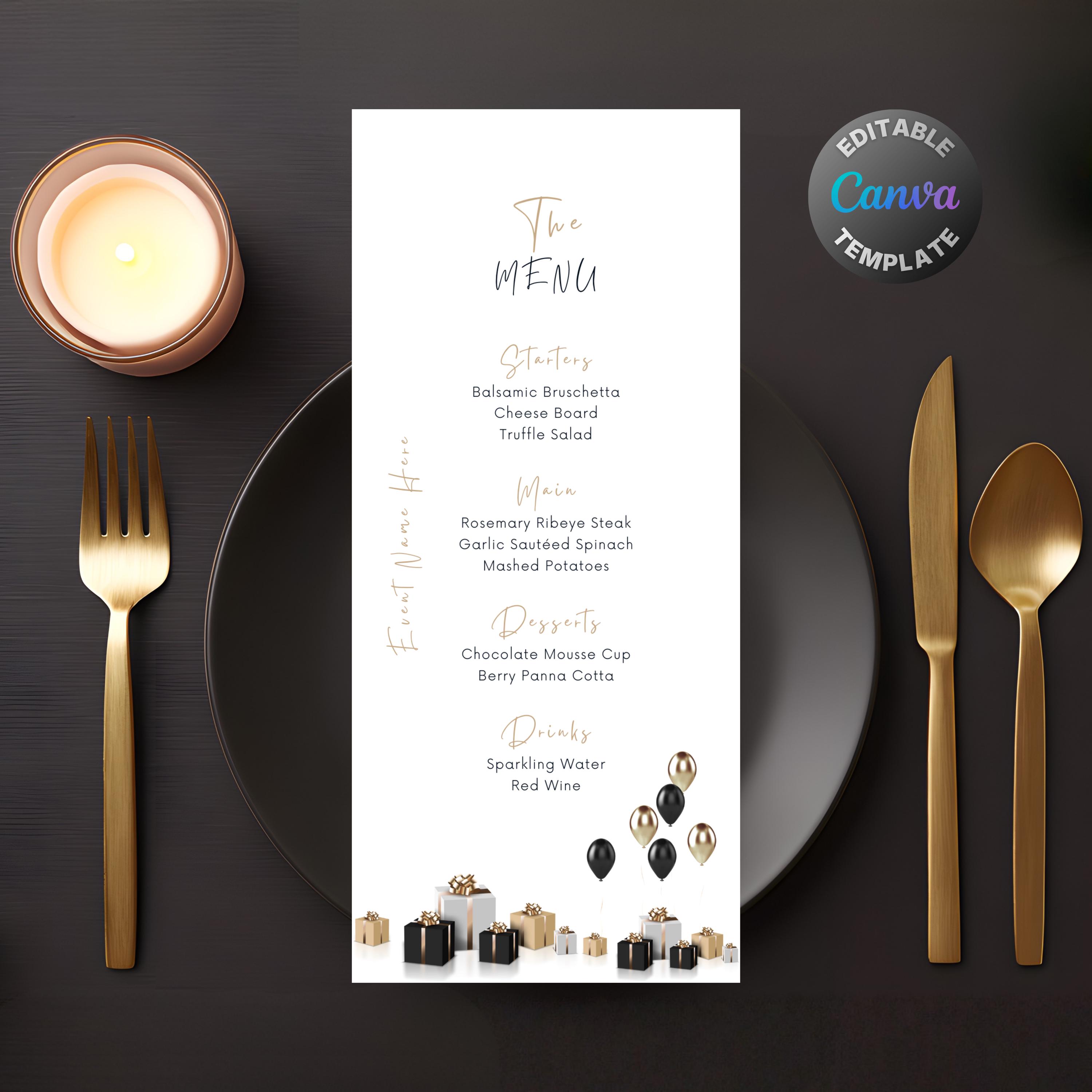 Editable White and Gold Menu, Printable Golden Dinner Menu, Classy Gold ...