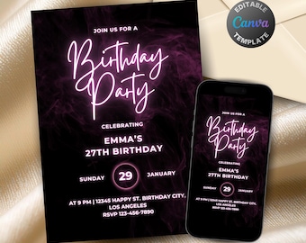 Editable Black and Pink Birthday Invitation for Women, Printable Black and Purple Birthday Party Invitation, Pink Neon Text Invite Template
