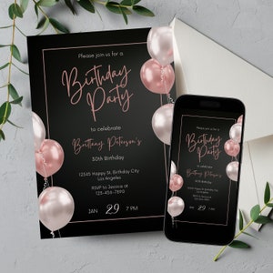 Editable Black and Pink Birthday Invitation for Women, Printable All Black Birthday Party Invitation, Elegant Balloons Text Invite Template