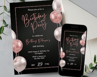 Editable Black and Pink Birthday Invitation for Women, Printable All Black Birthday Party Invitation, Elegant Balloons Text Invite Template