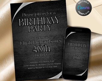 Editable Black Silver Birthday Invitation, Printable Black Gray Birthday Party Invitation, Classy Metallic Gray Text Invite Template
