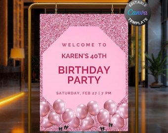 Bearbeitbares Pink Glitter-Geburtstags-Willkommensschild, druckbares Pink-Geburtstagsfeierschild, Elegante Ballon Sparkle Geburtstags-Poster-Vorlage