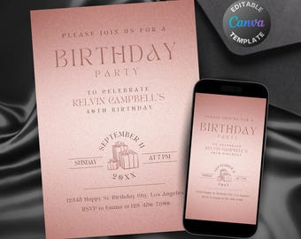 Editable Rose Gold Birthday Invitation for Women, Printable All Rose Gold Birthday Party Invitation, Elegant Rose Gold Text Invite Template
