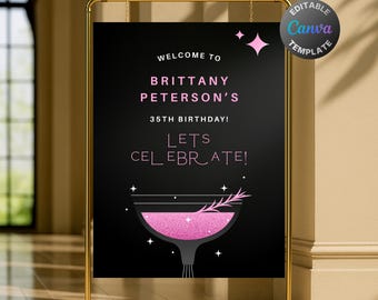 Editable Pink Champagne Birthday Welcome Sign, Printable Black and Pink Birthday Party Sign, Classy Lets Celebrate Birthday Poster Template