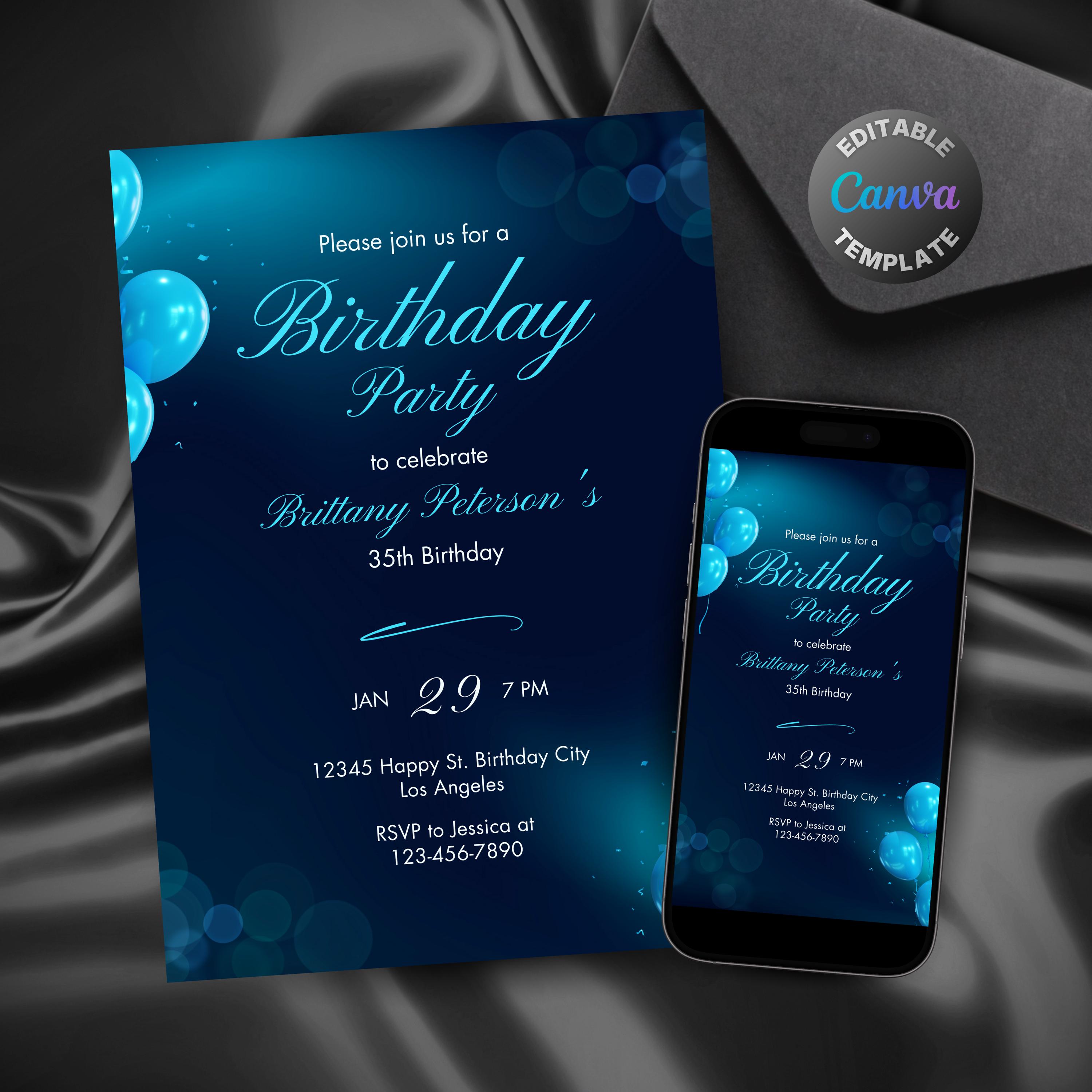 Editable Blue Birthday Invitation, Printable Deep Blue Birthday Party ...