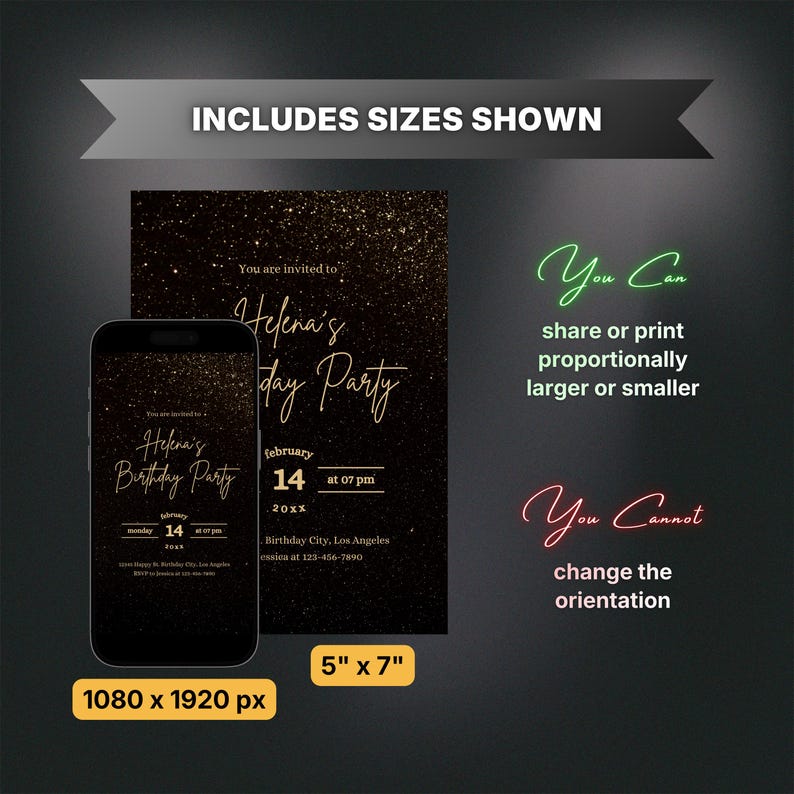 Editable Black and Gold Birthday Invitation for Women, Feminine Golden ...