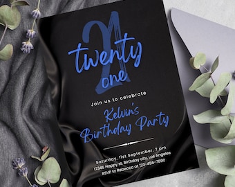 Editable Black and Blue Birthday Invitation for Men, Printable Navy Blue Birthday Party Invitation, Classy Satin Silk Text Invite Template