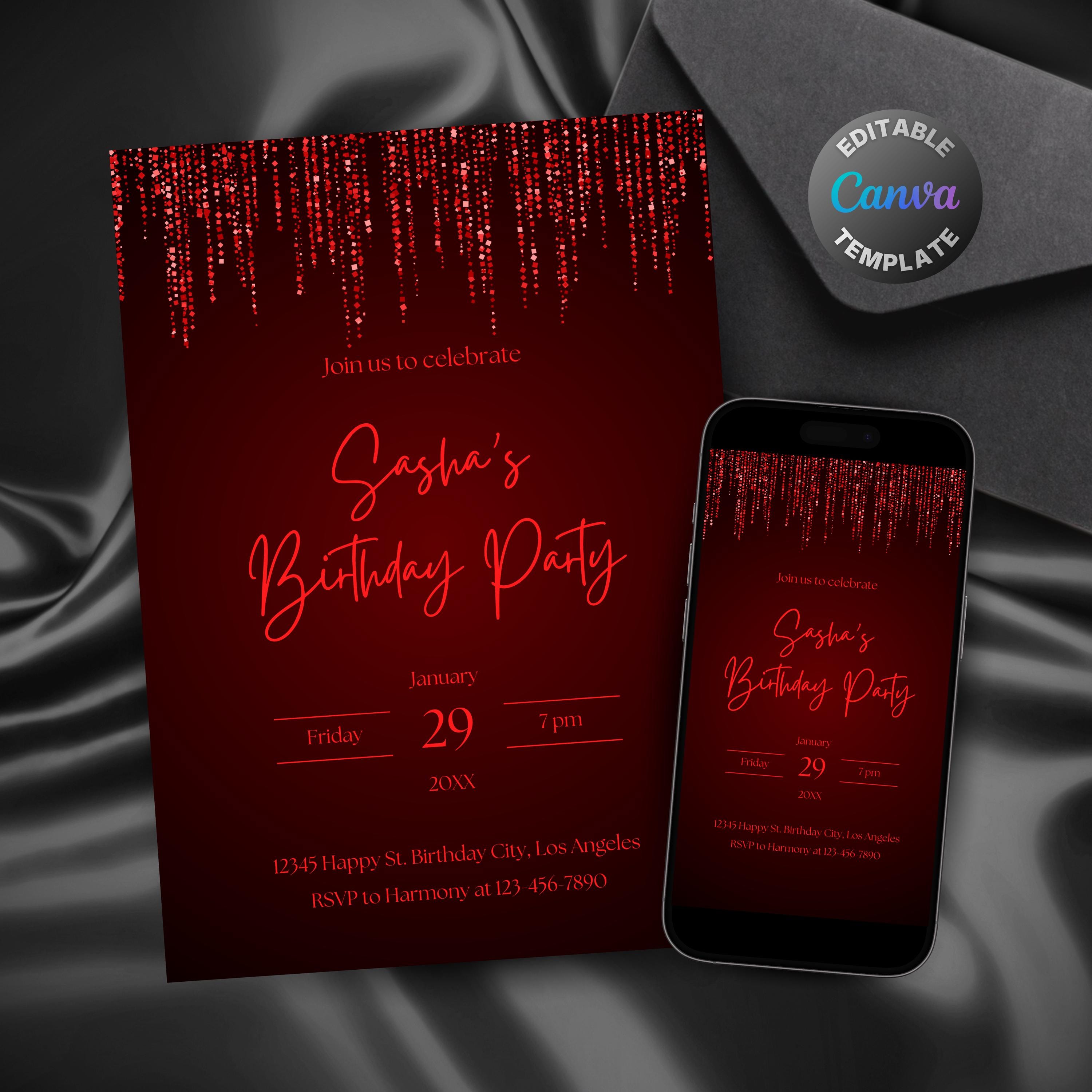 Editable Red Birthday Invitation for Women, Printable Hot Red Birthday ...