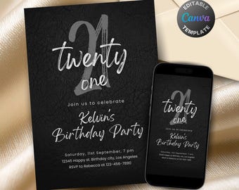 Editable Black and Silver Birthday Invitation, Printable Black and Gray Birthday Party Invitation, Classy Black Leather Text Invite Template