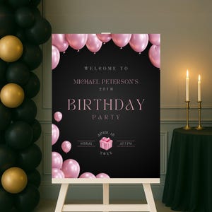 Editable Black and Pink Birthday Welcome Sign, Printable Pink Balloons Birthday Party Sign, Elegant Pink Gifts Birthday Poster Template